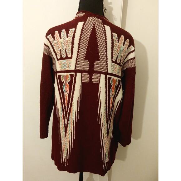 Xhilaration Southwestern Tribal Cardigan Women’s Maroon Open Front Boho Sweater - Picture 4 of 8